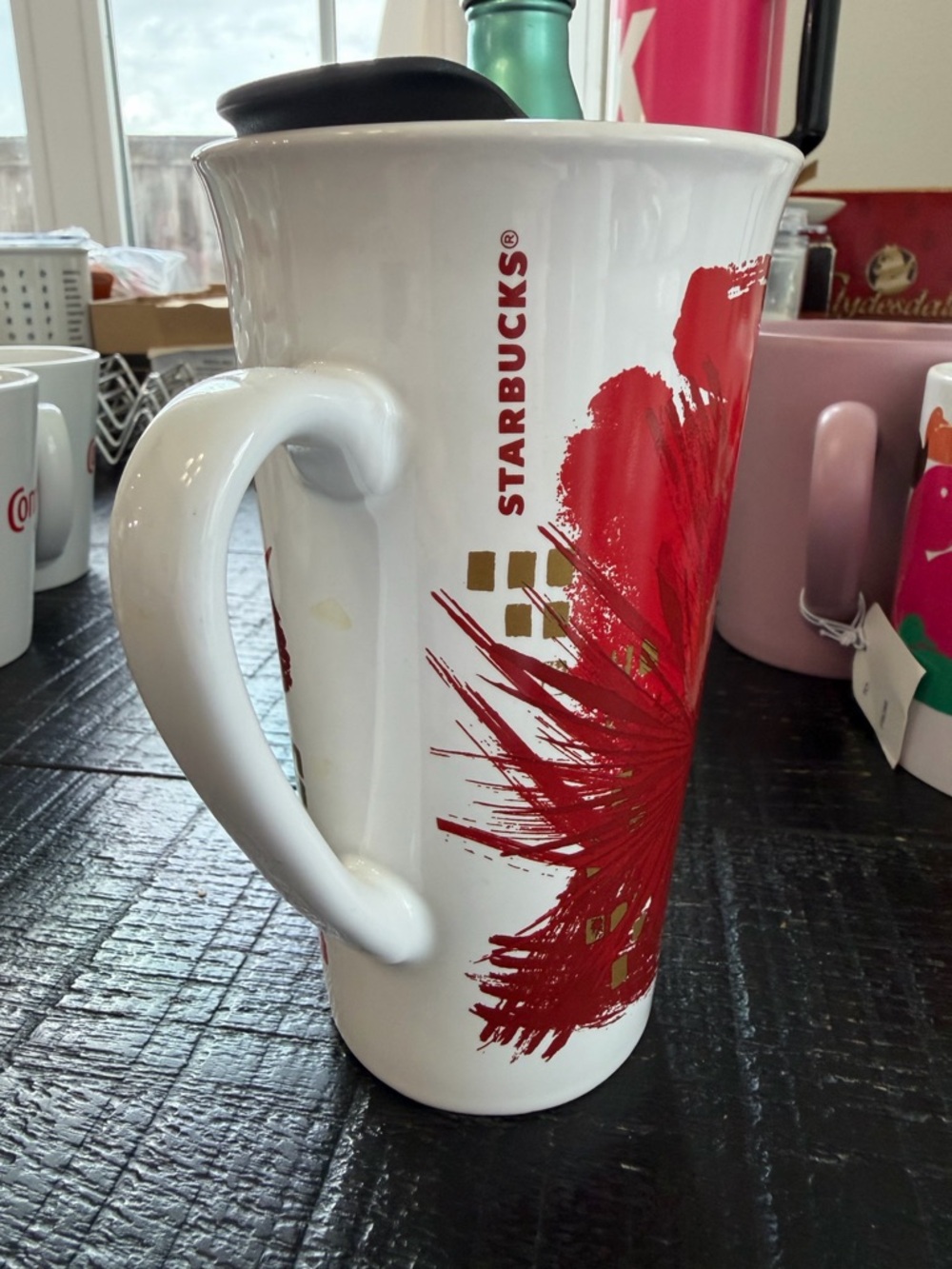 Starbucks White Travel Mug with Bold Red Brushstroke and Gold Accents